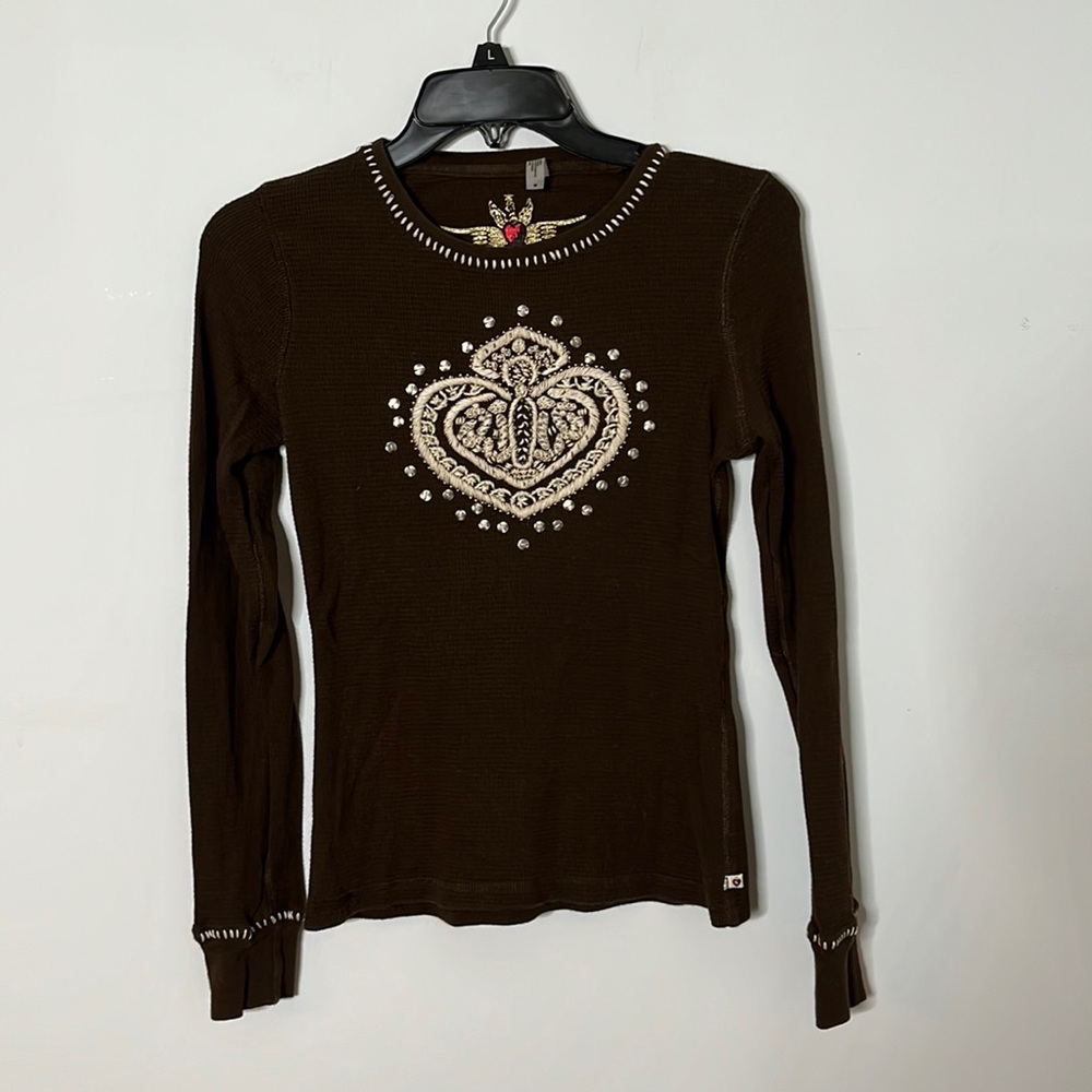 Twisted Heart Brown Studded Embroidered Waffle Knit Henley Long Sleeve Top